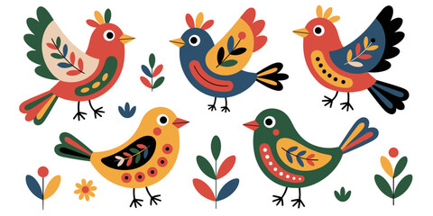 Fototapeta premium Five colorful folk art birds with decorative leaves and flowers, vector illustration