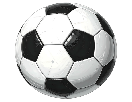 A classic black and white soccer ball, rendered in a slightly distressed, hand-drawn style, showing subtle texture and wear
