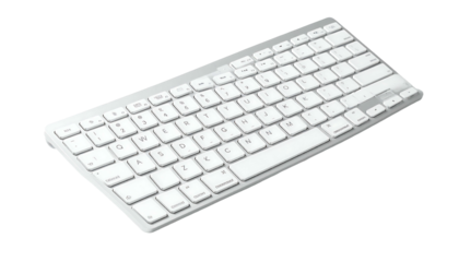 A compact, wireless, white keyboard with standard QWERTY layout, slightly angled, showcasing clean design and minimal aesthetic