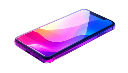 Sleek smartphone with vibrant, abstract pink and blue wave design on its screen, angled slightly, showcasing its slim profile and curved edges