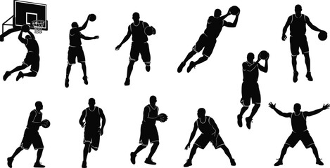 Basketball silhouettes, players in action, dribbling, shooting, dunking, passing, defending, hoop, net, athletic sport, competition, teamwork, energy, dynamic movement