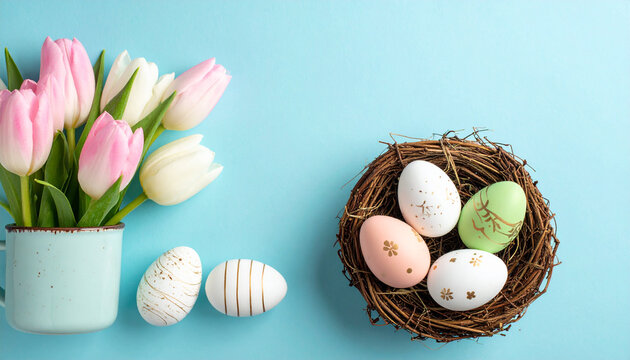Pastel tulip flower bouquet in ceramic mug, decorated Easter eggs in rustic straw nest, spring flat lay on blue background, cheerful holiday mood - Powered by Adobe