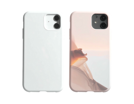 Two phone cases, one plain white, the other with a desert sunset image.  Both show a triple-lens camera cutout. Slim, protective design - Powered by Adobe