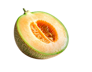 A halved cantaloupe, showcasing its vibrant orange flesh, numerous small seeds, and a pale green rind with subtle texture.  