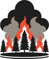 Vector Illustration of Forest Wildfire Burning Pine Trees with Dense Smoke – Minimalist Disaster Icon for Environmental Awareness and Climate Change