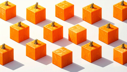Obraz premium Minimal flat design pumpkin cubes arranged in geometric pattern, vibrant orange color, isolated on white background, modern abstract style, playful and creative mood