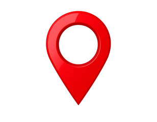 Glossy, three-dimensional red map pin icon, isolated on black background; simple, rounded design