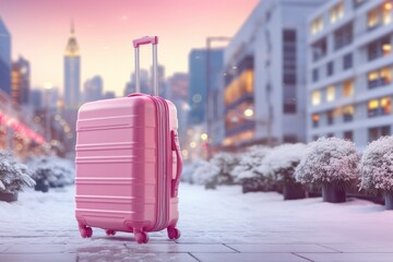 Christmas winter holiday concept. Pink suitcase on street with Christmas decoration