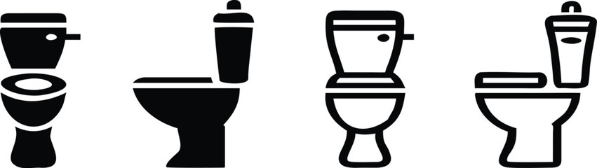 Toilet icon set. Bathroom and restroom sign. Hygiene, sanitation, and plumbing symbol. Flush, seat, and water closet pictogram. Public facility and home utility illustration.