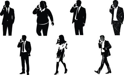Business professionals silhouettes using mobile phones, corporate communication illustration, office lifestyle design, workplace connectivity artwork, modern business concept