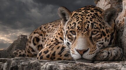 Jaguar resting on ancient stones, dramatic sky