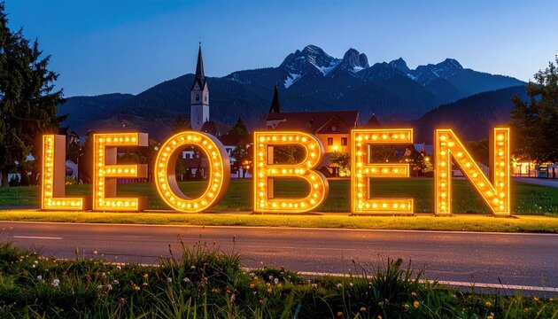 Illuminated Leoben Sign with Town and Mountain Backdrop at Night