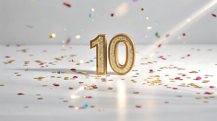 Golden "10" number with confetti for a 10th anniversary celebration