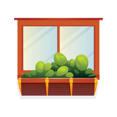 Illustration of a window with a wooden frame and flowers