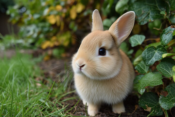 Cute baby bunny sitting outdoors with soft fur and green background
