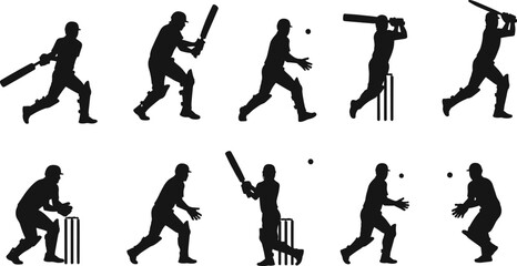 Cricket silhouettes, batsman action, bowler delivery, fielder catch, wicket keeper stance, sports illustration, team game, athletic movement, competitive match, training