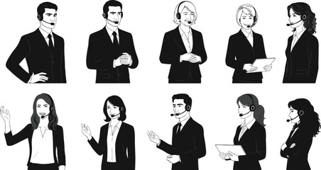 Customer service representatives silhouettes with headsets, call center agents illustration, professional communication design, technical support artwork, corporate service concept