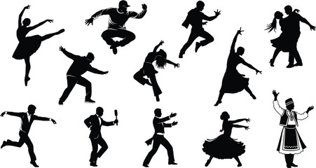 Dance silhouettes, ballet, hip hop, ballroom, folk dance, cultural performance, music, rhythm, movement, energy, art, expression, celebration, diversity