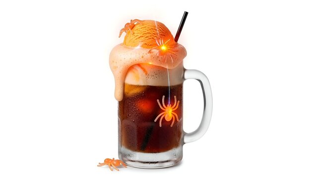 Spooky Halloween Root Beer Float with Glowing Orange Topping and Spider Decorations on a White Background