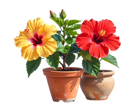 Two potted hibiscus plants, one yellow and one red, bloom vibrantly against a black background.  Terracotta pots show slight wear.  Green leaves surround the blossoms
