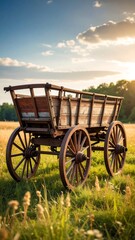 Fototapeta premium Vintage wooden wagon in a golden field at sunset