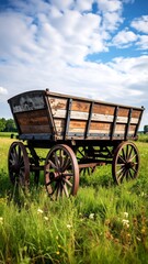 Vintage wooden wagon in a field under a partly cloudy sky