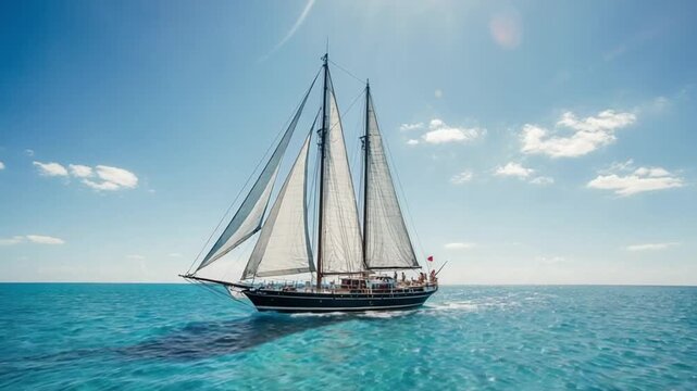 Majestic Tall Ship with White Sails on Blue Ocean