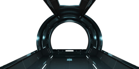 Futuristic round spaceship with glowing lights. 3D rendering. Black starship interior with isolated cut out transparent window