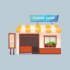 Illustration of a coffee shop with a sign and a drink machine
