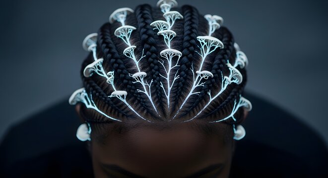 Braided hair with glowing bioluminescent mushroom-like organic structures fantasy futuristic hairstyle art beauty nature glow - Powered by Adobe