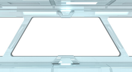 White spaceship with isolated cut out transparent window. Futuristic bright glossy interior with glowing lights