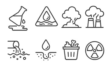 Pollution and hazard symbols: toxic waste, emissions, radioactive sign, water contamination