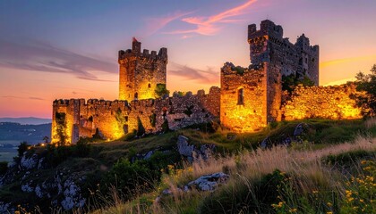 Fototapeta premium Illuminated Medieval Castle Ruins on Hilltop at Twilight with Dramatic Sky and Golden Light at Dusk, Scenic Landscape in Warm Hues
