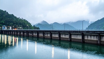Cinematic utility photo of a hydro intake forebay under low cloud, mirror plane ruffled by light rain for quiet engineered waterscape.