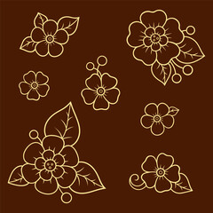 Set of Mehndi flower pattern for Henna drawing and tattoo. Decoration in ethnic oriental, Indian style. Doodle ornament. Outline hand draw vector illustration.