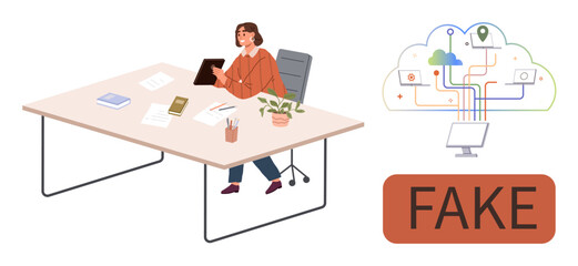 Professional woman looks at tablet in office, cloud computing paths connect devices. Fake content alert raises awareness. Ideal for AI ethics, workplace technology, misinformation, cybersecurity