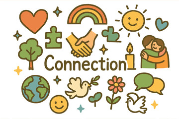 Fototapeta premium Doodle Connection Collage. Connection. Hand-drawn doodle illustration of Connection. Two hands touching, heart