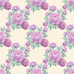 Seamless pattern Watercolor floral pink ranunculus flower bouquet composition, green leaves. Hand drawn flowers realistic botanical illustration beige background. Wedding cards print fabric clipart