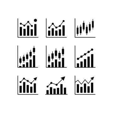 Collection of nine distinct business growth chart icons representing financial data analysis and market trends