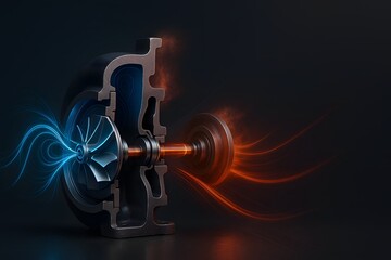 Fototapeta premium Technical Cutaway Cross-Section of Car Turbocharger with Glowing Airflow and Exhaust Energy