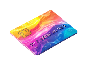 Vibrant, colorful credit card with abstract swirling design, featuring a microchip and embossed numbers, presented in isometric view