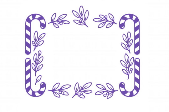 Holiday frame with purple candy canes and decorative branches, festive season border, sweet treats, vector art