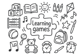 Fototapeta premium Learning Games Doodles. Learning games. Hand-drawn doodle illustration of learning games. In the middle, one