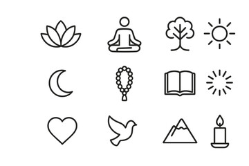 Spiritual Growth Icons. Spiritual Growth. Line outline icon set of Spiritual Growth: lotus flower, meditation