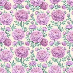 Seamless pattern Watercolor floral bouquet composition pink ranunculus flower, green leaves. Hand drawn flowers realistic botanical illustration beige background. Wedding invitation clipart greeting