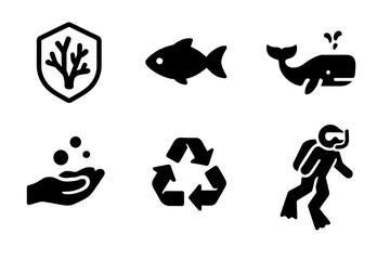 Fototapeta premium Ocean Conservation Icons. Ocean conservation. Filled icon set of Ocean conservation: coral protection, fish