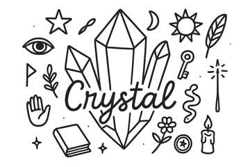 Doodle Crystal Composition. Crystal. Hand-drawn doodle illustration of a crystal. In the middle, one slightly