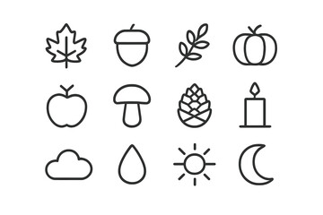 Minimal Autumn Icons. Minimal Autumn Icons. Line outline icon set of Minimal Autumn Icons: single leaf, acorn,