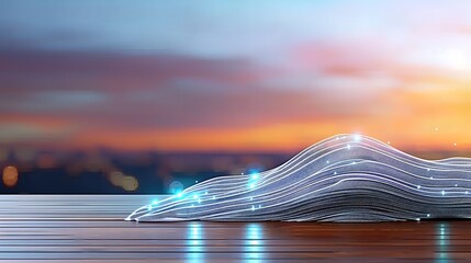 Abstract Digital Waves on Wooden Surface with Soft Lighting During Sunset Creating a Tranquil Atmosphere