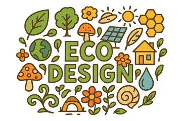 Colorful Eco Design Doodles. Eco Design. Hand-drawn doodle illustration of Eco Design. Leaf, tree, globe,